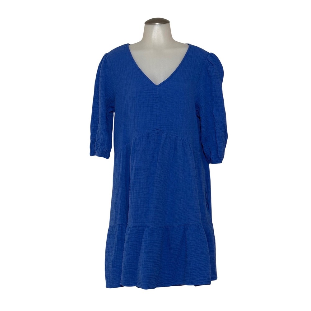 Ronni Nicole Tiered Babydoll Dress Women XL Blue Gauze V-Neck lined EUC Bohemian